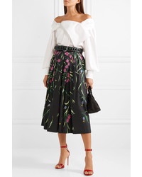 Carolina Herrera Pleated Floral Print Cotton Blend Faille Midi Skirt