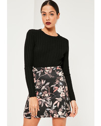 Missguided Black Floral Printed Split Hem Scuba Mini Skirt