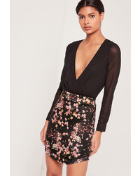 Missguided Curve Hem Floral Scuba Mini Skirt Black