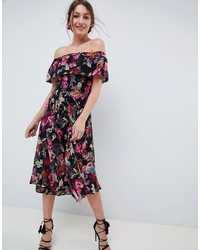 ASOS DESIGN Bardot Midi Dress In Dark Based Floral