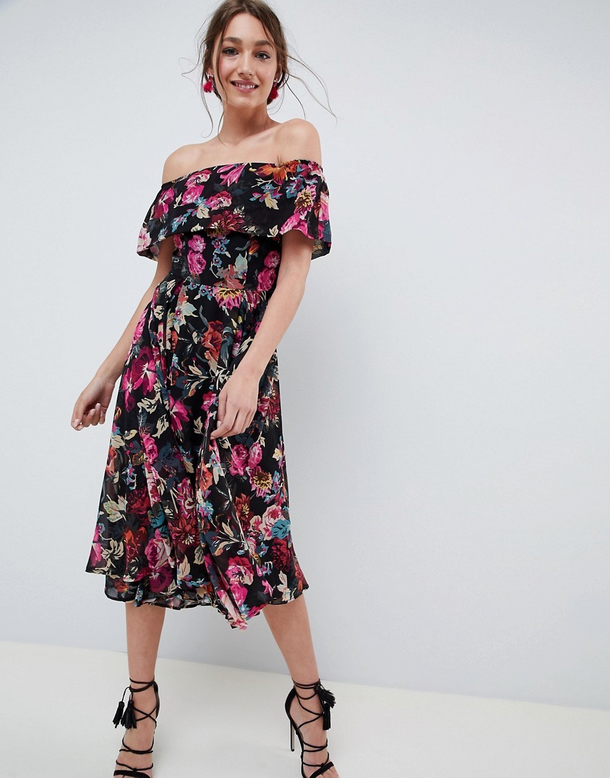reach compass victory ASOS DESIGN Bardot Midi Dress In Dark Based Floral, $50 | Asos | Lookastic