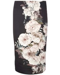 Black And Green Floral Pencil Skirt