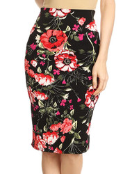 Black Red Floral Pencil Skirt Plus Too