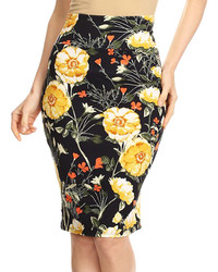 Black Yellow Floral Pencil Skirt Plus Too