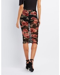 Charlotte Russe Floral Mesh Ruched Pencil Skirt
