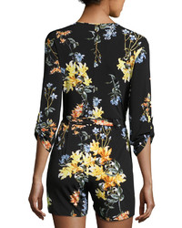 Neiman Marcus 34 Sleeve Floral Print Romper Black Pattern