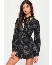 Missguided Black Floral Tie Neck Floaty Romper