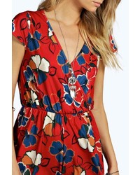 Boohoo Carla Capped Sleeve Floral Wrap Over Playsuit