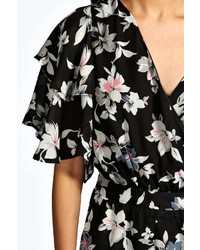Boohoo Fiona Floral Wrap Front Frill Shoulder Playsuit