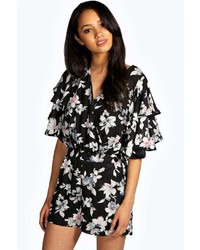 Boohoo Fiona Floral Wrap Front Frill Shoulder Playsuit