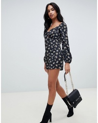 ASOS DESIGN Bunny Tie Square Neck Playsuit With Blouson Sleeve In Print