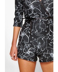 Boohoo Eve Mono Floral Pu Trim Belted Playsuit