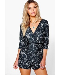 Boohoo Eve Mono Floral Pu Trim Belted Playsuit