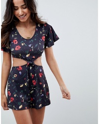 ASOS DESIGN Jersey Tea Playsuit With Cut Out And Knot Front In Floral Print