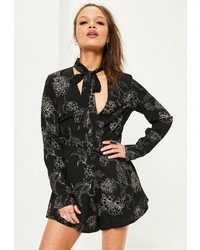 Missguided Black Floral Tie Neck Floaty Playsuit