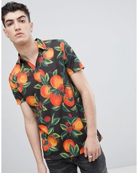 ASOS DESIGN Polo With All Over Floral Fruit Print And Revere Collar