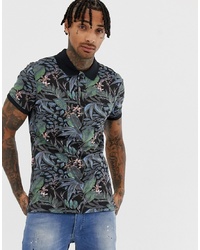 BLEND Slim Fit Polo With Tropical Floral Print In Black