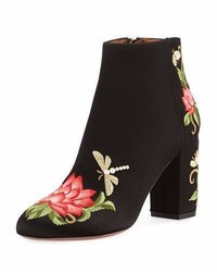 Black Floral Satin Ankle Boots