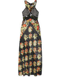 Paco Rabanne Black Rose Embroidered Floral Print Satin Maxi Dress