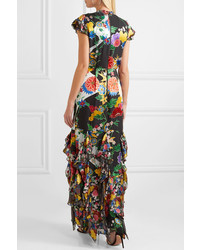 Alice + Olivia Laurette Ruffled Floral Print Satin Maxi Dress