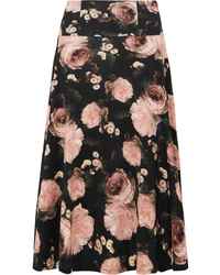 Black Floral Satin Midi Skirt