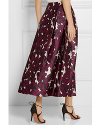 Oscar de la Renta Floral Print Pleated Silk Satin Skirt Claret