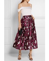 Oscar de la Renta Floral Print Pleated Silk Satin Skirt Claret