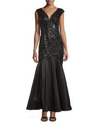 Black Floral Sequin Evening Dress