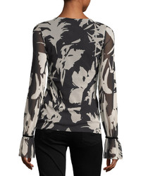Fuzzi Long Sleeve Sequin Trimmed Floral Tulle Tee