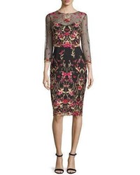 Marchesa 34 Sleeve Floral Embroidered Tulle Sheath Dress Black