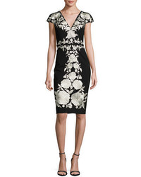 Catherine Deane Floral Embroidered Jersey Sheath Dress Black