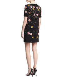 Zac Posen Floral Embroidered Short Sleeve Shift Dress Black