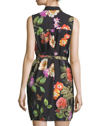 Neiman Marcus Floral Print Belted Shirtdress Black Pattern