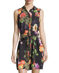 Neiman Marcus Floral Print Belted Shirtdress Black Pattern