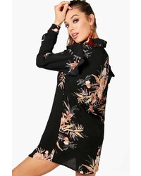 Boohoo Gabriella Dark Floral Ruffle Shirt Dress