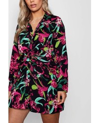 Boohoo Plus Izzy Tropical Floral Print Twist Shirt Dress