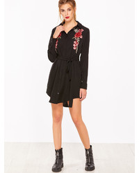 Shein Rose Embroidered Patch Curved Hem Belted Shirt Dress