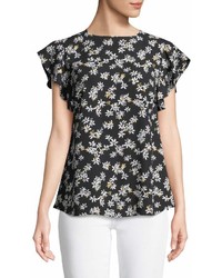 Neiman Marcus 34 Ruffled Sleeve Woven Floral Blouse