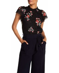 Rebecca Taylor Short Sleeve Floral Embroidered Lace Blouse