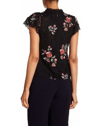 Rebecca Taylor Short Sleeve Floral Embroidered Lace Blouse