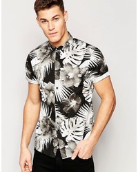 Asos Brand Floral Shirt In Monochrome With Short Sleeves In Regular Fit