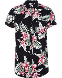 River Island Black Hawaiian Print Short Sleeve Shirt