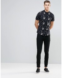 Asos Brand Skinny Fit Shirt With Floral Print In Black And Short Sleeve