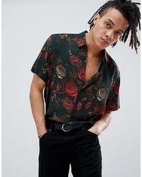 ASOS DESIGN Oversized Floral Shirt In Black With Batwing Sleeves