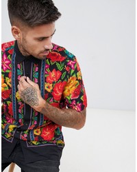 ASOS DESIGN Regular Fit Floral Shirt With Border In Black