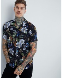 ASOS DESIGN Regular Fit Floral Shirt With Revere Collar In Black