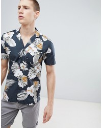 Esprit Regular Fit Shirt With Revere Collar In Hibiscus Print