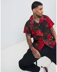 Profound Aesthetic Short Sleeve Revere Collar Shirt With Bird Print In Red