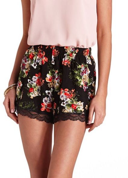 Charlotte Russe Lace Trimmed Floral Print High Waisted Shorts | Where ...
