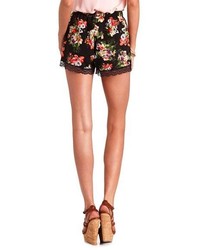 Charlotte Russe Lace Trimmed Floral Print High Waisted Shorts